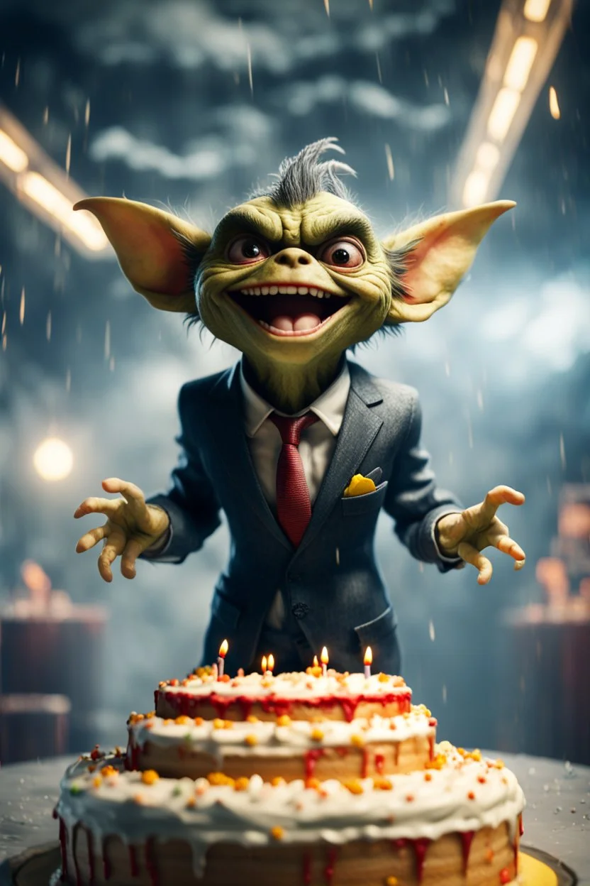 portrait of happy gremlin standing in a mega cake in suit flying in wind tunnel birthday party in a storm cloud, in the style of a fallout 4,bokeh like f/0.8, tilt-shift lens 8k, high detail, smooth render, down-light, unreal engine, prize winning