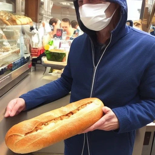 french guy in mask staring at a baguette lovingly