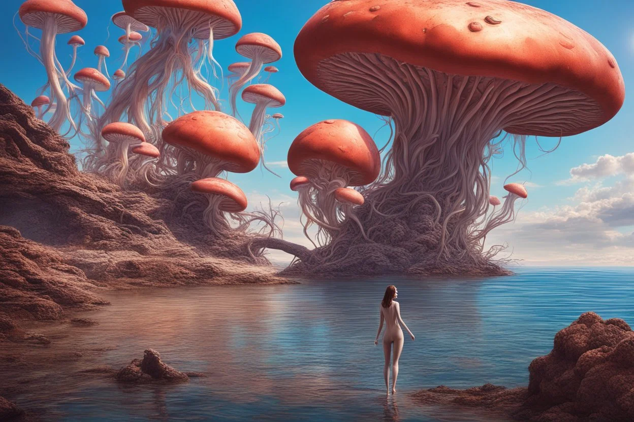 woman in a tight suit, on the shores of an alien world, with mushrooms, with jellyfish tentacles floating in the air, photorealistic, Detailed Matte Painting, Deep Colour, Fantastical, Intricate Detail, sunshine, blue sky