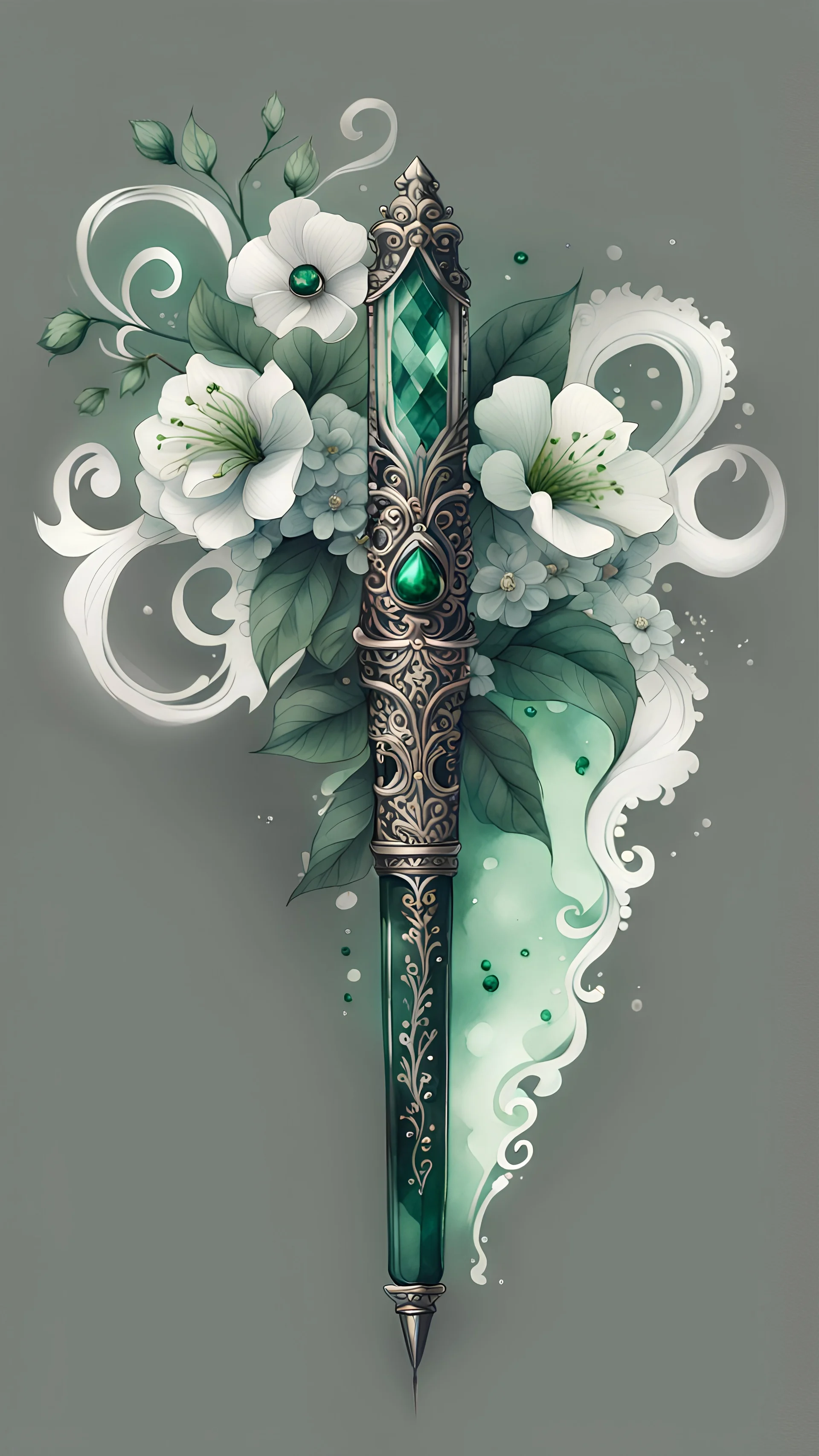 watercolor drawing of a dark Gothic green fountain pen with emeralds and flowers and white lace, on a white background, Trending on Artstation, {creative commons}, fanart, AIart, {Woolitize}, by Charlie Bowater, Illustration, Color Grading, Filmic, Nikon D750, Brenizer Method, Side-View, Perspective, Depth of Field, Field of View, F/2.8, Lens Flare, Tonal Colors, 8K, Full-HD, ProPhoto RGB, Perfectionism, Rim Lighting, Natural Lighting, Soft Lighting, Accent Lighting, Diffraction Grading, With I