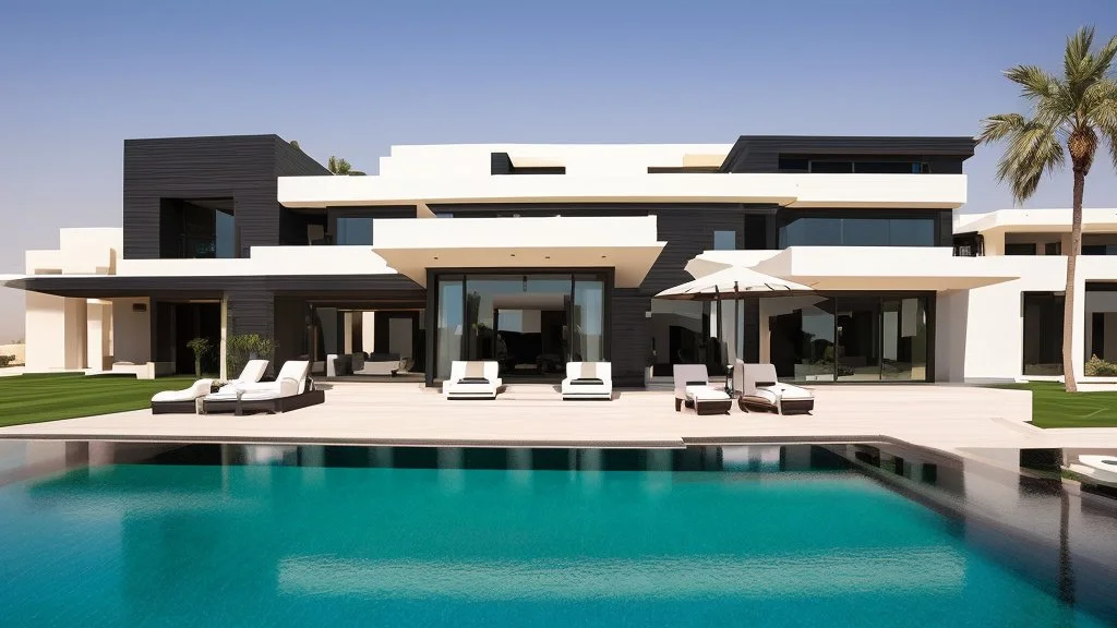 Description of a modern Emirati style villa: Located on a magnificent piece of land in the heart of the Emirates, our villa embodies the finesse of design and detailing that promises a luxurious residential experience. This two-story villa, with its elegant and contemporary spaces, stands out. The exterior walls of the villa are made of black and white stones, adding an elegant and luxurious touch to the design. This combination of black and white stones creates a beautiful contrast, highlight