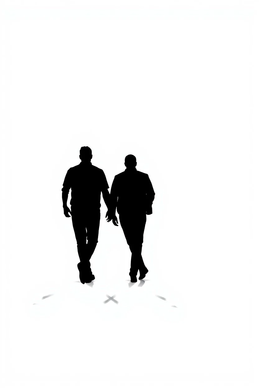 black silhouette of two men walking away on solid white background