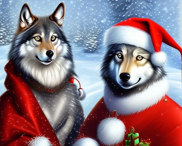 Christmas Wolf and Cat