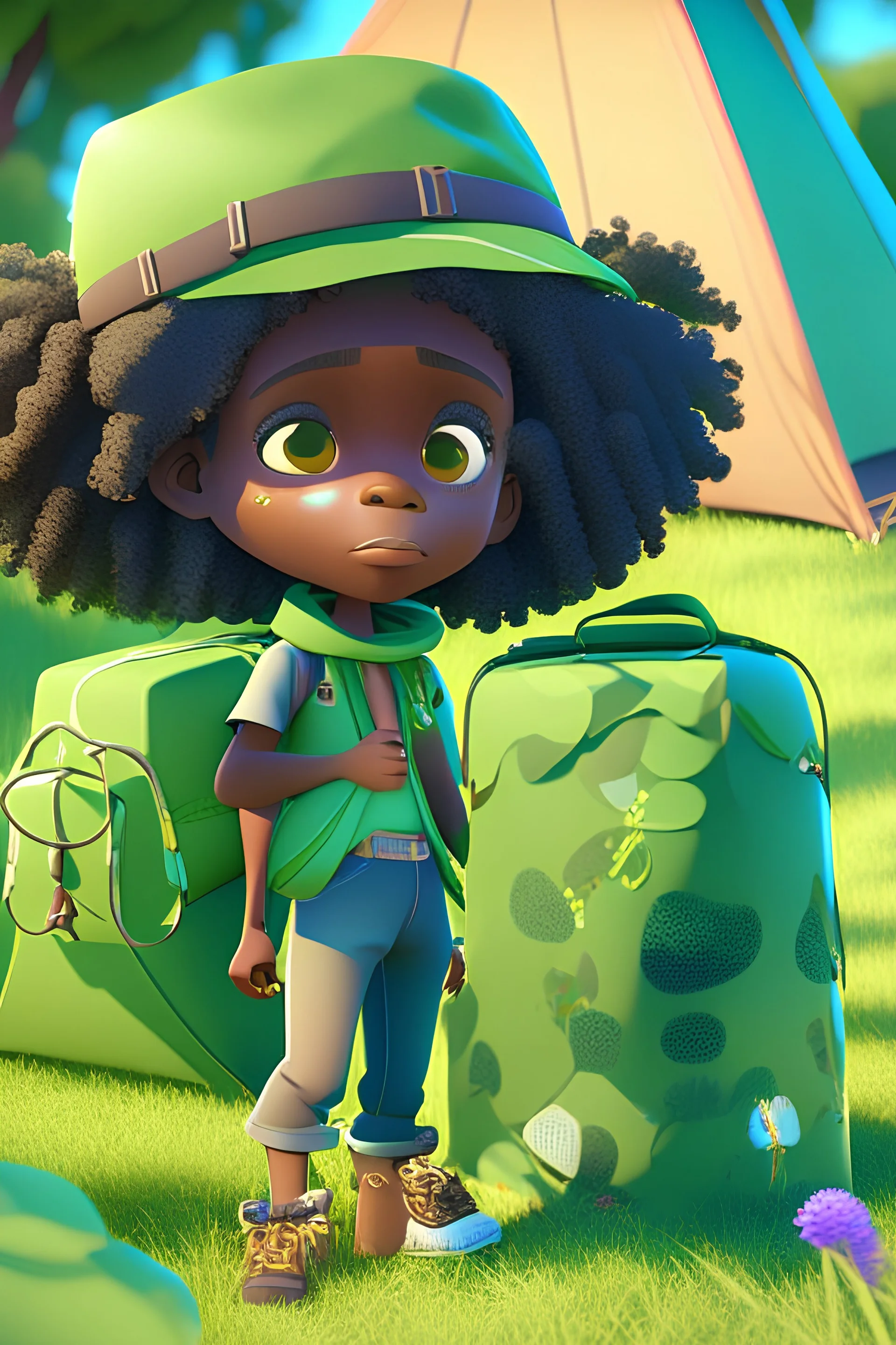 Camping black boy, camping girl, wavy curly hair, cartoon dessign, carrying camping equipment, wearing cute hats, spring green grass, tent undder trees, gradient style, sunny day, full body, trendy blind box clean background, natural lighting, 2k, super details, 3D, depth of field, Pixar trend, super realiism, ray tracing, complex details, fine textures, blender,