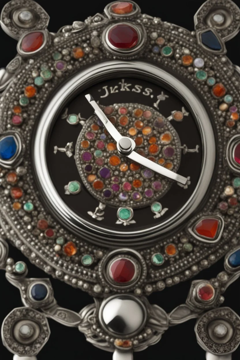 Silver wristwatch studded with precious stones containing the word jiks