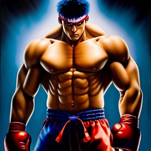 Ultra detailed fullbody Portrait in oil on canvas of Street Fighter- Dan,extremely detailed digital painting,ultrarealistic skin,intense stare, extremely detailed face, crystal clear eyes, mystical colors ,perfectly centered image, perfect composition, rim light, beautiful lighting,masterpiece ,8k, stunning scene, raytracing, anatomically correct, in the style of Simon Bisley and Ohrai Noriyoshi and robert e howard and Steve Jung and frank frazetta.