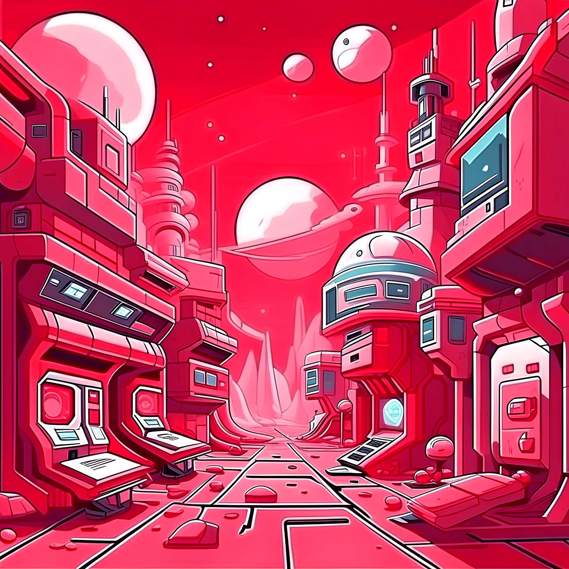 Cartoon Red and white Alien planet city streets