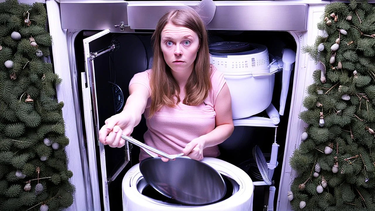 very confused young woman places a few metal spoons into her household dryer