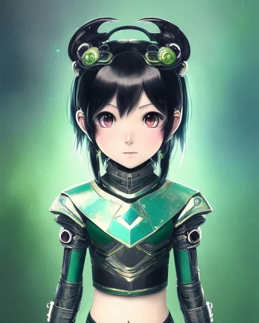 Detailed anime child girl, green hair, black and green dragon scale armour, intricate details, full body portrait, keep head in frame, slight smile, black Japanese motif, concept art, highly detailed, digital painting, concept art, sharp focus, illustration, art by Yoji Shinkawa, WLOP and greg rutkowski and alphonse mucha and artgerm and yanjun Chen and Junji ito and Makoto Shinkai, HDR, octane render