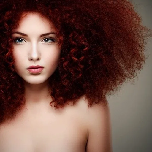 Woman with red curly hair and brown eyes