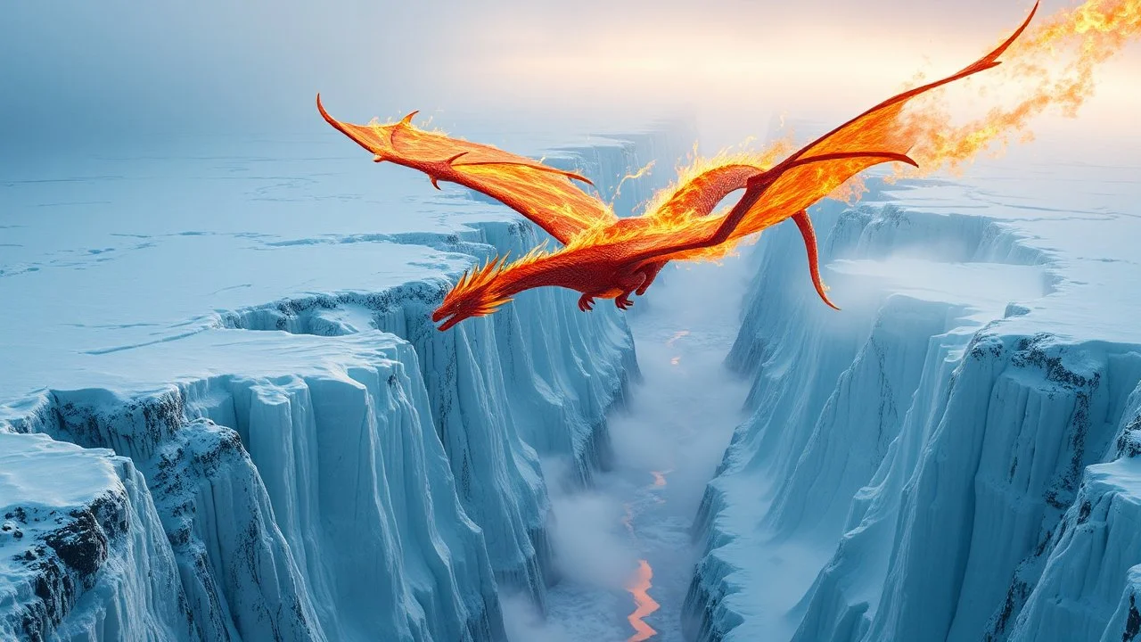 A dragon made of living fire soaring over an endless ice canyon, melting the ice below and creating rivers of steam as it passes. Photographic quality and detail, award-winning image, beautiful composition.