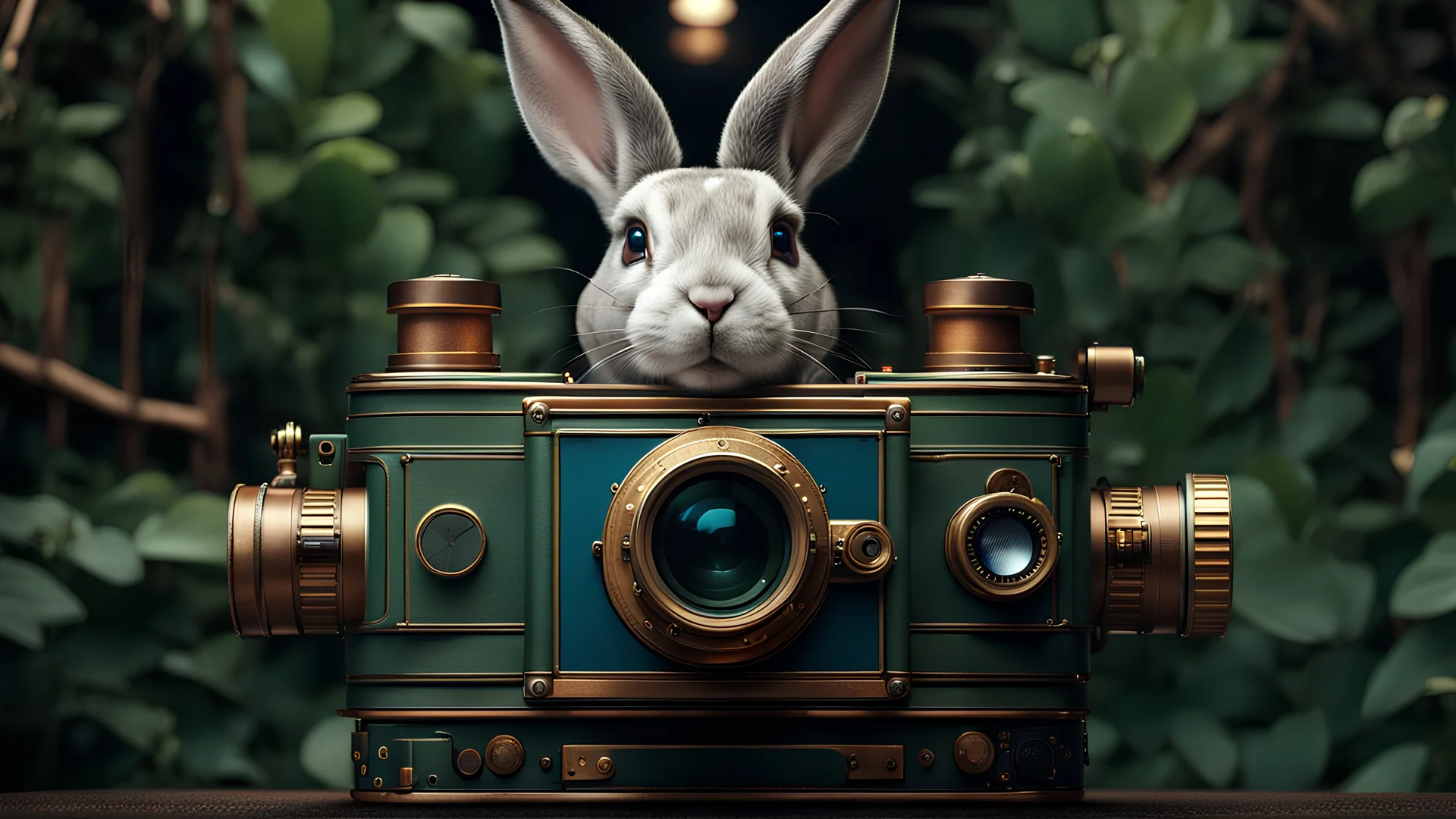 High-end hyperrealism epic rabbit hero holding a steampunk camera, Steampunk-inspired cinematic photography, symmetry forest alley background, Aesthetic combination of metallic sage green and titanium blue, Vintage style with brown pure leather accents, Art Nouveau visuals with Octane Render 3D tech, Ultra-High-Definition (UHD) cinematic character rendering, Detailed close-ups capturing intricate beauty, Aim for hyper-detailed 8K