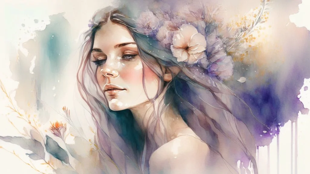 A portrait of a beautiful woman with flowers in her hair, in the style of watercolor painting, soft and dreamy colors, flowing lines, 8k resolution