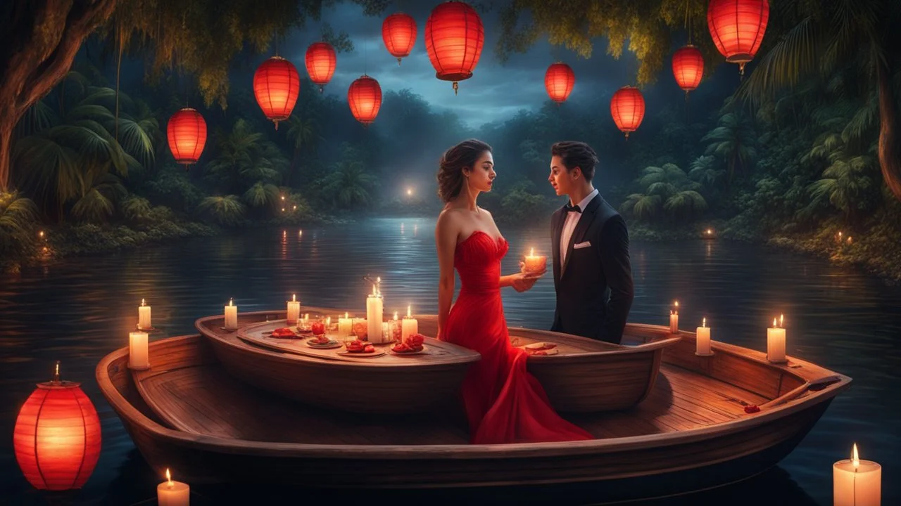 Hyper Realistic handsome muscular guy in tuxedo & beautiful girl in red dress doing candle-light-dinner on a fancy-romantic-wooden-boat in the middle of the river at dark night with sky-lanterns flying in the middle of a jungle.