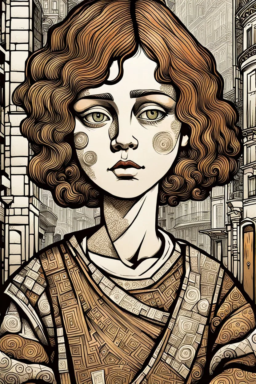 create an abstract asymmetric cubist, full body, lithographic print illustration of an epic grubby and ragged, sad eyed,17th century female Paris street urchin with highly detailed and deeply cut facial features, in the style of GUSTAV KLIMT, EDWARD BURNE-JONES, WILLIAM MORRIS, and KATHE KOLLWITZ combined with the comic art style of BILL SIENKIEWICZ and JEAN GIRAUD MOEBIUS, searing lines and forceful strokes, precisely drawn, boldly inked, and darkly colored