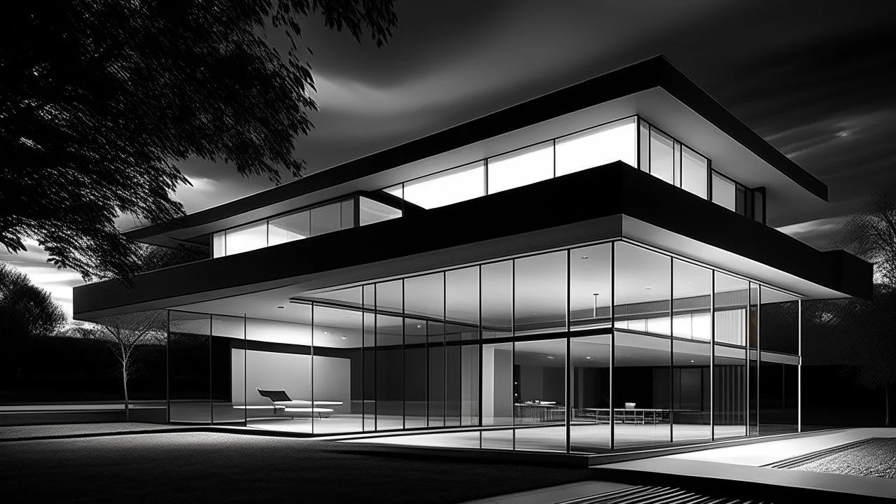 Mies van der Rohe-influenced contemporary residential home featuring clean lines, open floor plan, and extensive use of glass and steel, high detail, black and white monochromatic palette, grey scale, dramatic dutch light