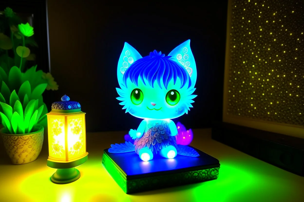 bioluminescent chibi cat fairy in a bedroom in starshine, mist