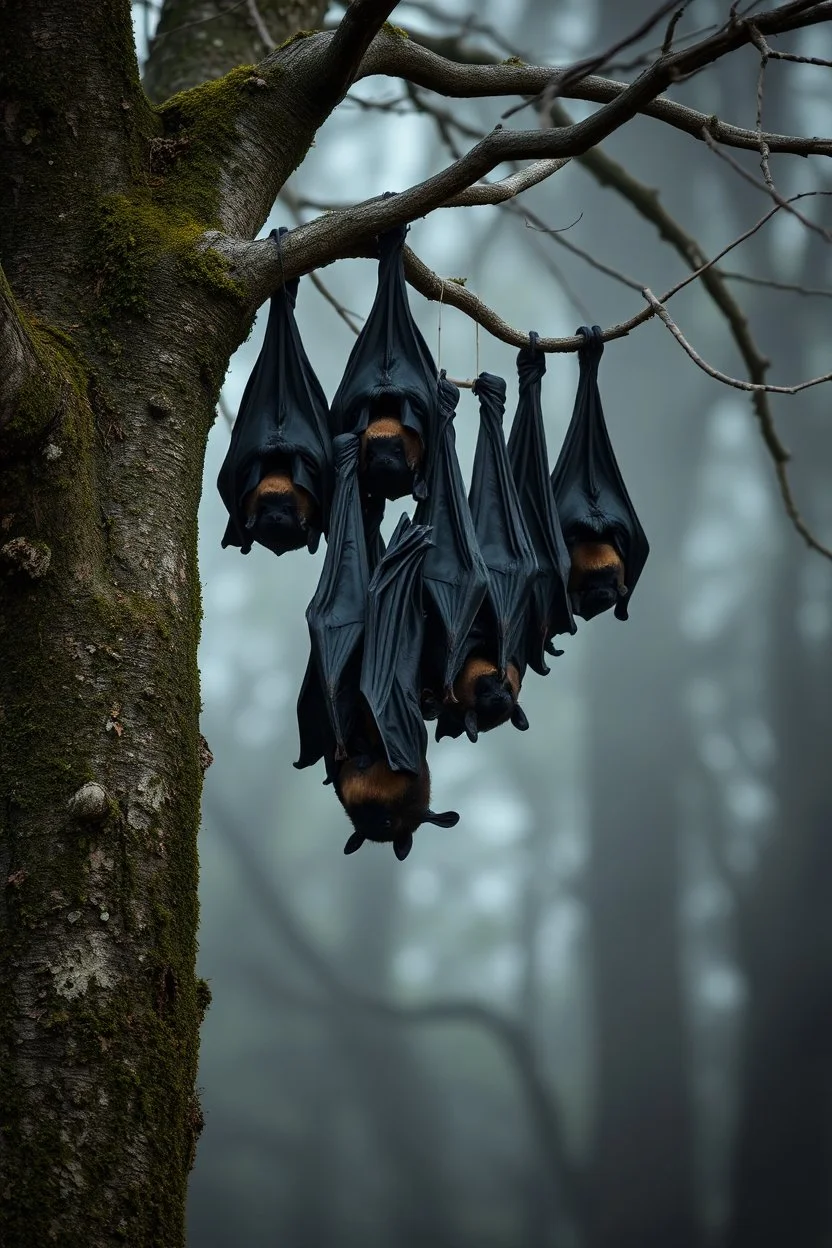 A group of black bats hanging upside down from a tree without leaves . The tree skin is covered in moss and lichen, allowing it to blend seamlessly into its surroundings. Dark cave Spirits feed on the energy of trees and can create thick fog to confuse their victims.