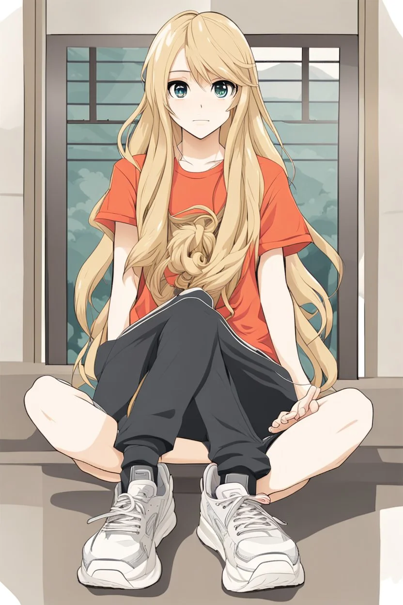 attractive anime woman with blonde long hair, t-shirt and sweatpants, full body in frame,