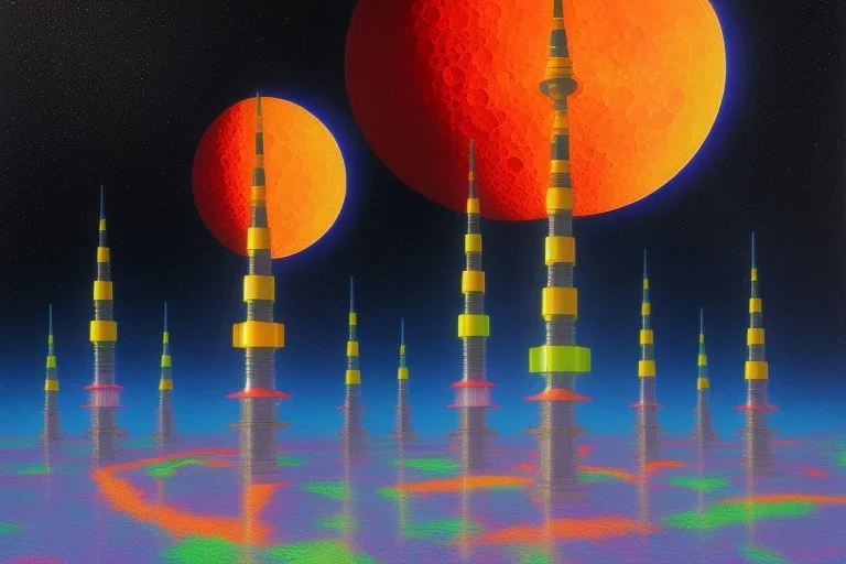 Imoressionist painting of one mile tall plastic "moon base" Towers made out of stacked Rubik's Cubes, Orange, white, blue, green. Jewel tones