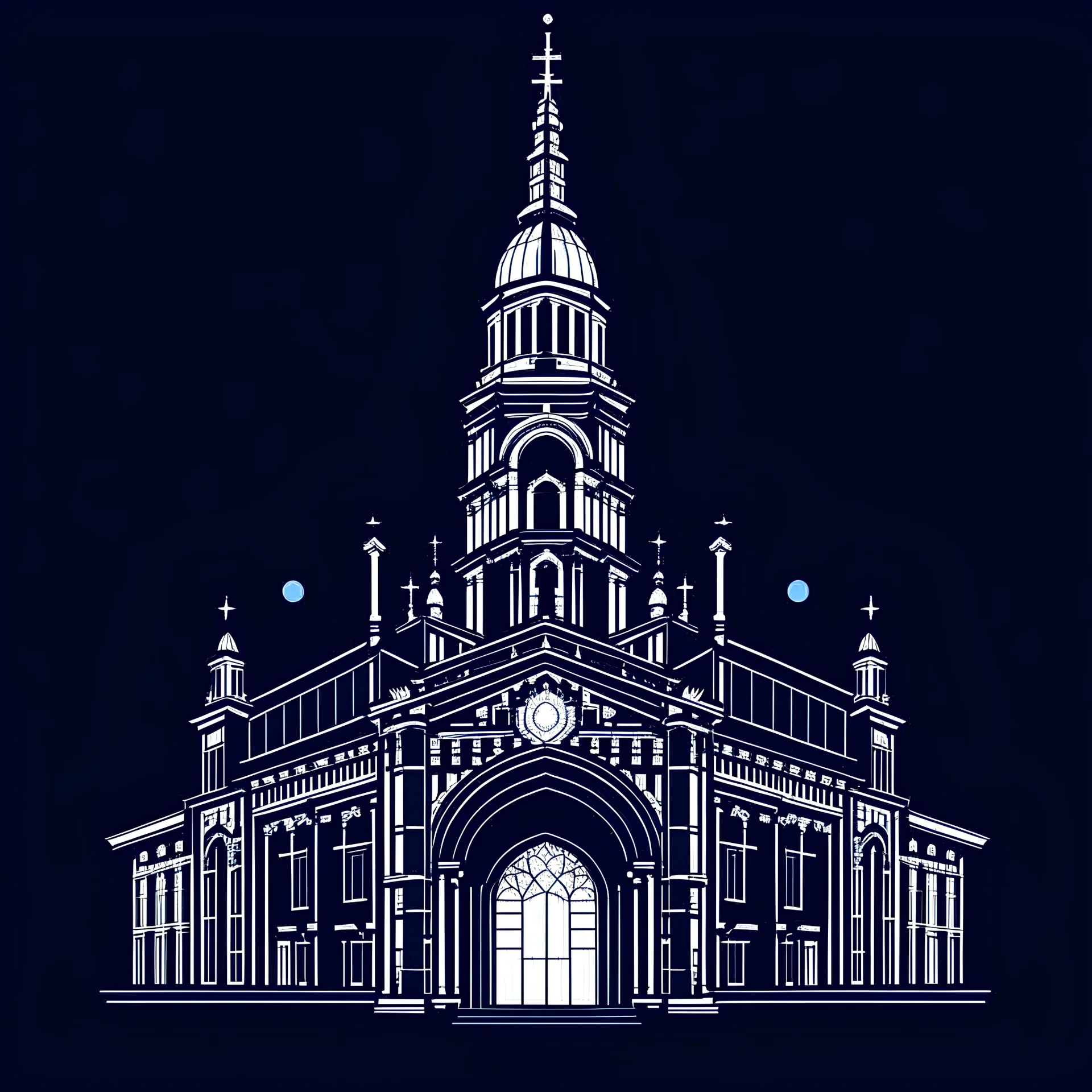 Santiago de compostela cathedral. Art Deco, Mood: Mysterious and Glamorous, Lighting: Deep blue with neon highlights, T-shirt design graphic, vector, contour, white background.