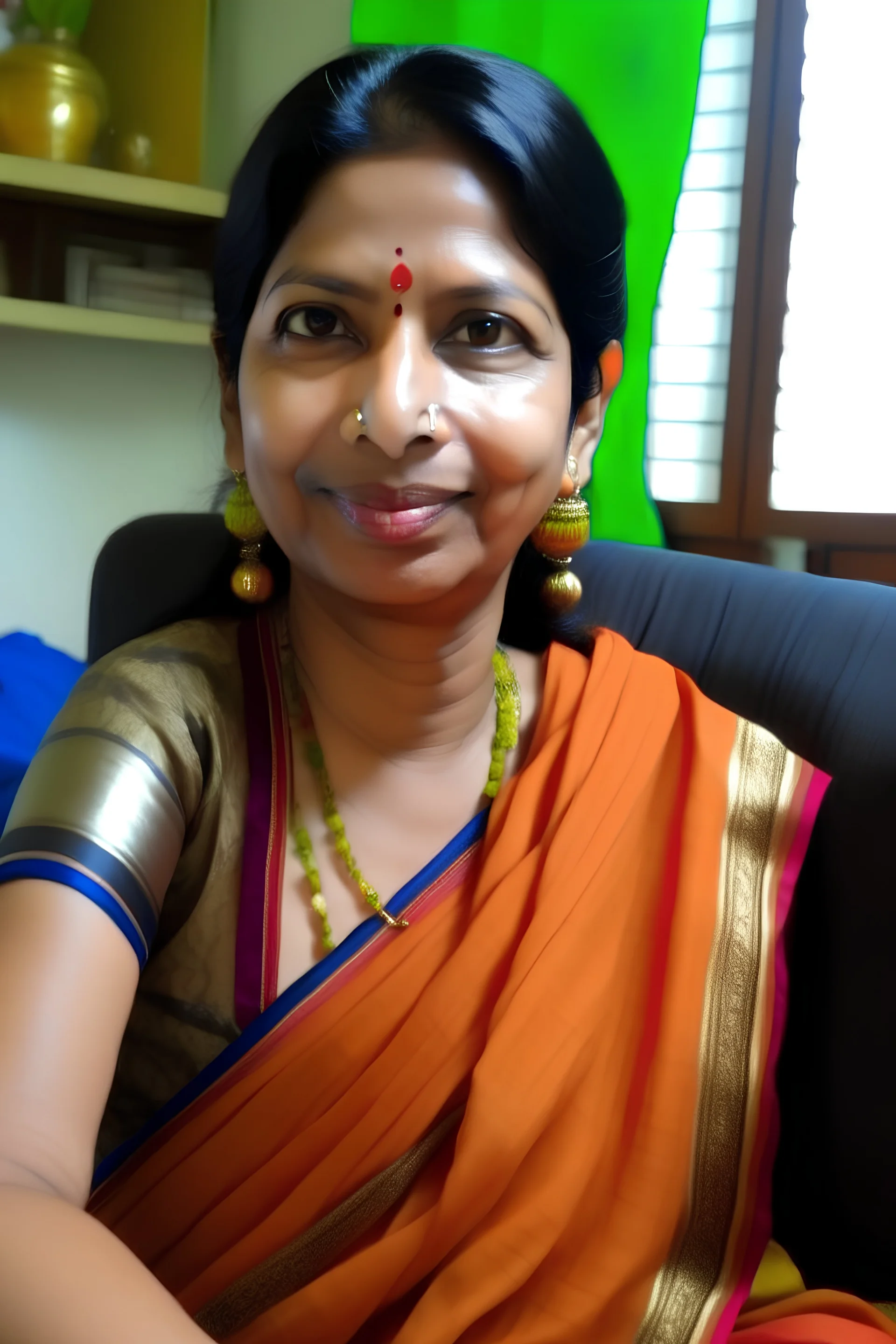 a 28 year old woman, young and lively, unwrinkled skin, gentle smile, wearing saree, black hair, sitting in a modern home, light skin tone, pretty, oval face shape,