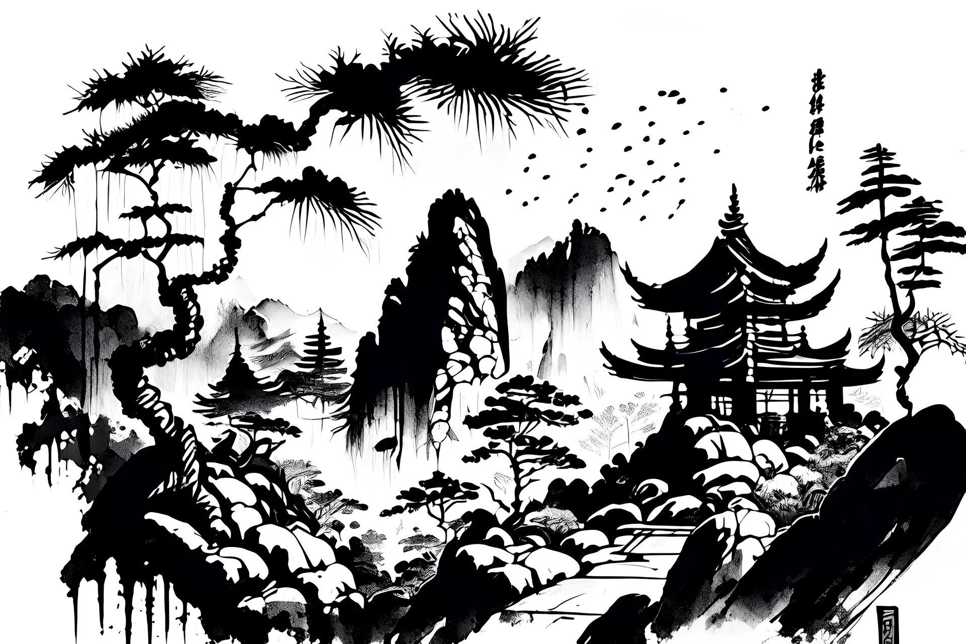 Temple in the mountains, Japanese Style Landscape, painted with black ink