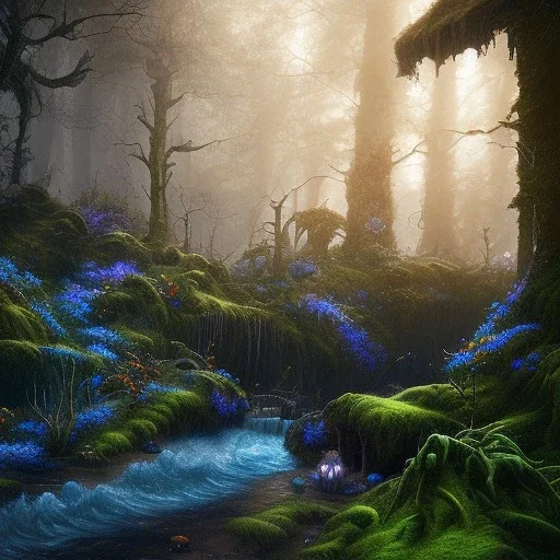 Dark fantasy concept art, dynamic lighting, Intricately detailed, Splash screen art, deep color, Unreal Engine, volumetric lighting, blue flowers, moss, leather, creek, flowing water, fantasy dark forest artwork,