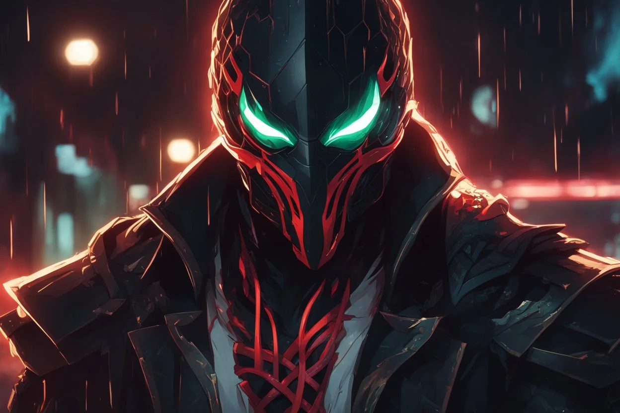 Pyke venom in 8k solo leveling shadow artstyle, pirate them, mask, close picture, rain, neon lights, intricate details, highly detailed, high details, detailed portrait, masterpiece,ultra detailed, ultra quality