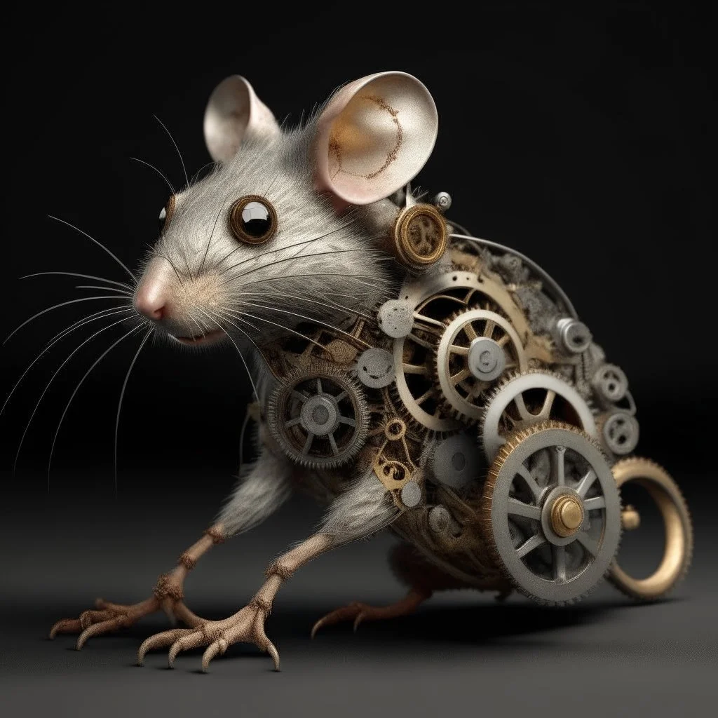 a rat with gears in it's face, naked