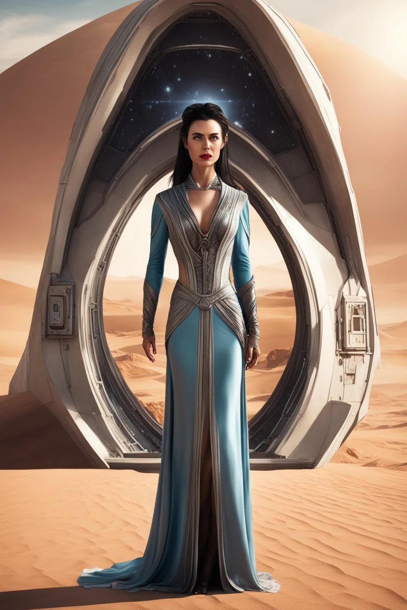 photorealistic slim woman looking and dressing like Drusilla standing at the entrance to a spaceship in a desert