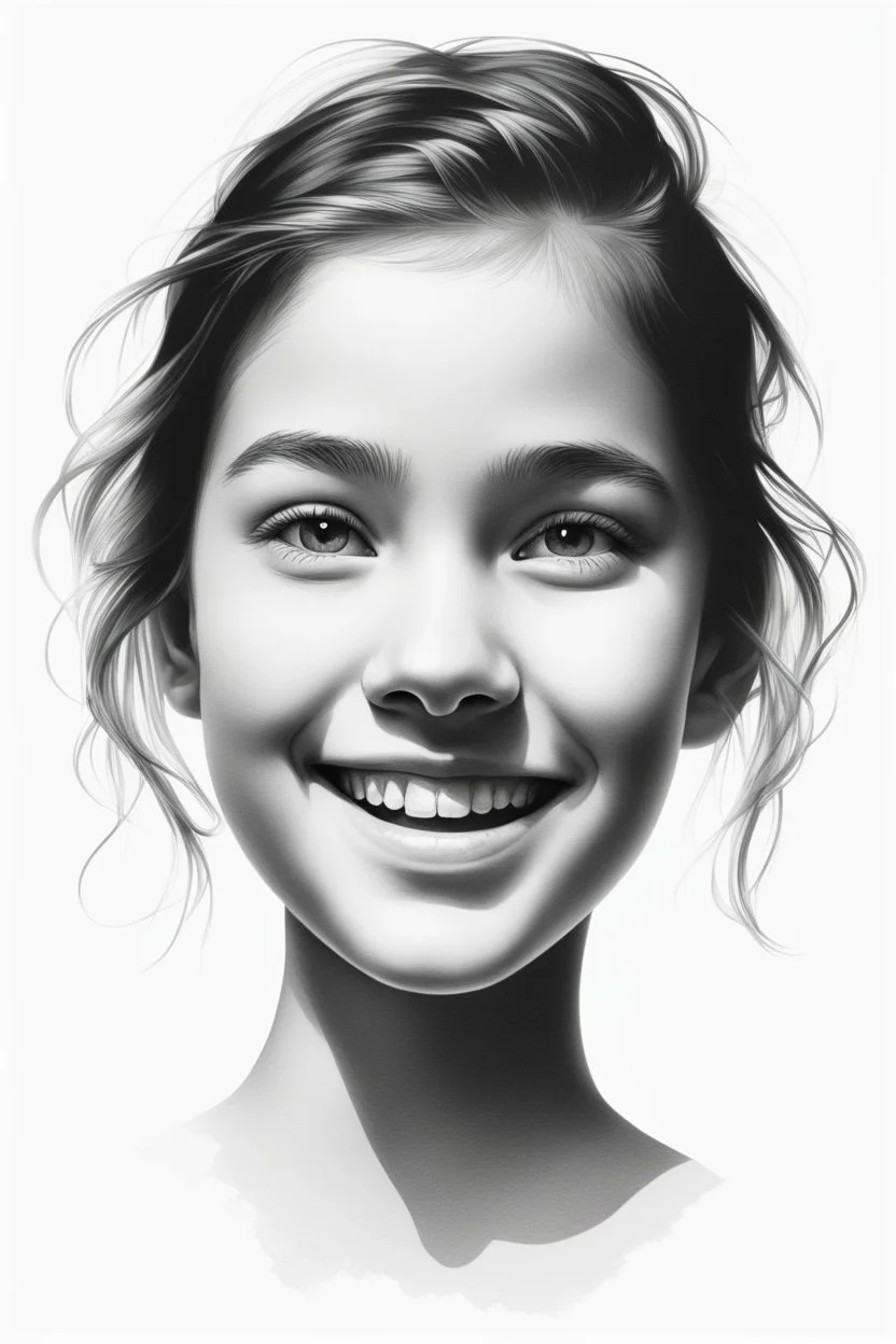A realistic drawing in negative space black ink on white background of a beautiful front view of a young girl smiling with clear white face, all picture is bright white