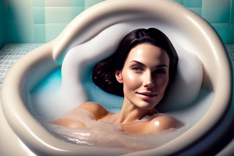 contented beautiful brunette in a big foam spa bathtube spa things, soft colors, in sunshine