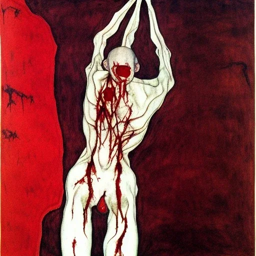 Horror Disfigured bald Vampire covered in blood,blood big canine teeth with blood,full body, hands with long nails by egon Schiele,