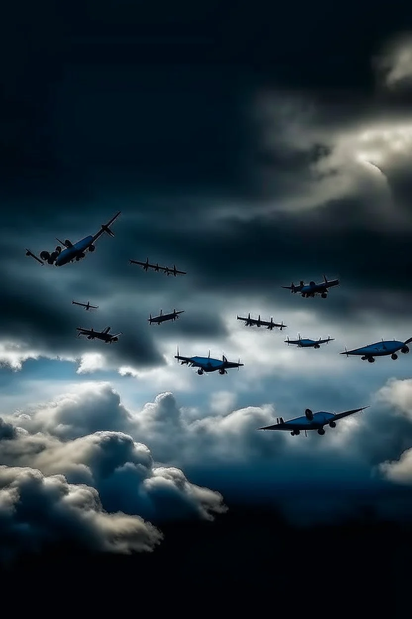 Looking up above in the The cloudy stormy sky filled with a lot of Boeing B-52 shadows over head view
