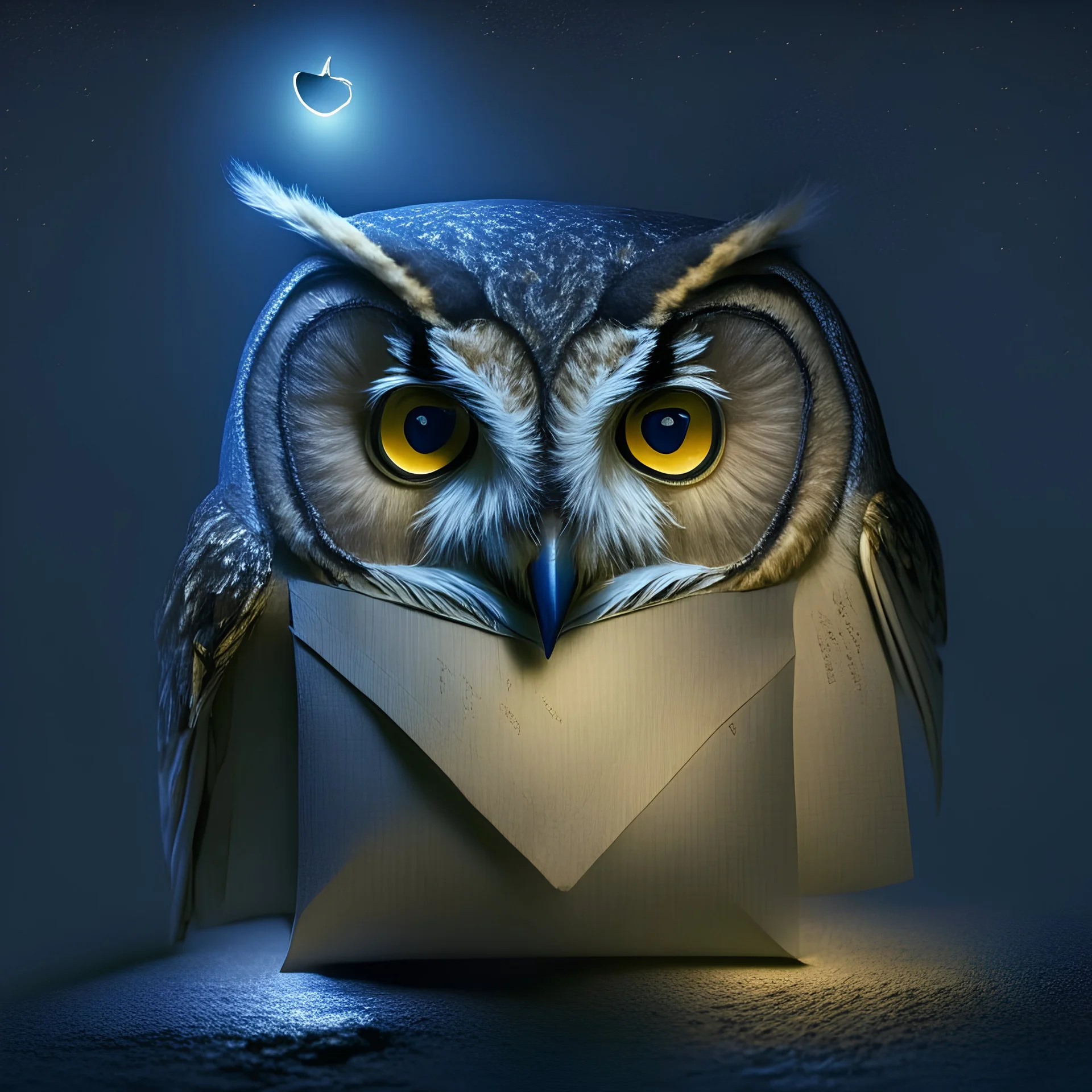 owl face in night with envelope in mouth