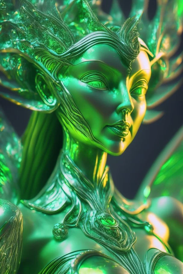 transparent olivine beauty queen Seraph, in green fire chrome casino, high detail, 8k, cinematic, depth of field, art