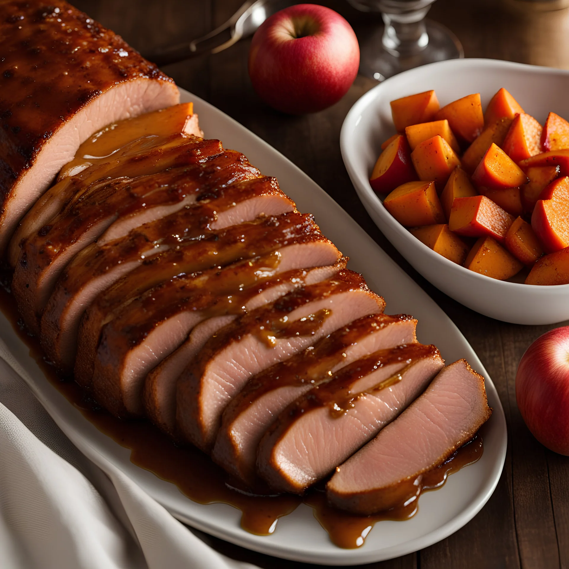 Brown Sugar Dijon Glazed Pork Loin with sweet potatoes and apples super realistic, Gourmet magazine close up shot, beautiful table.