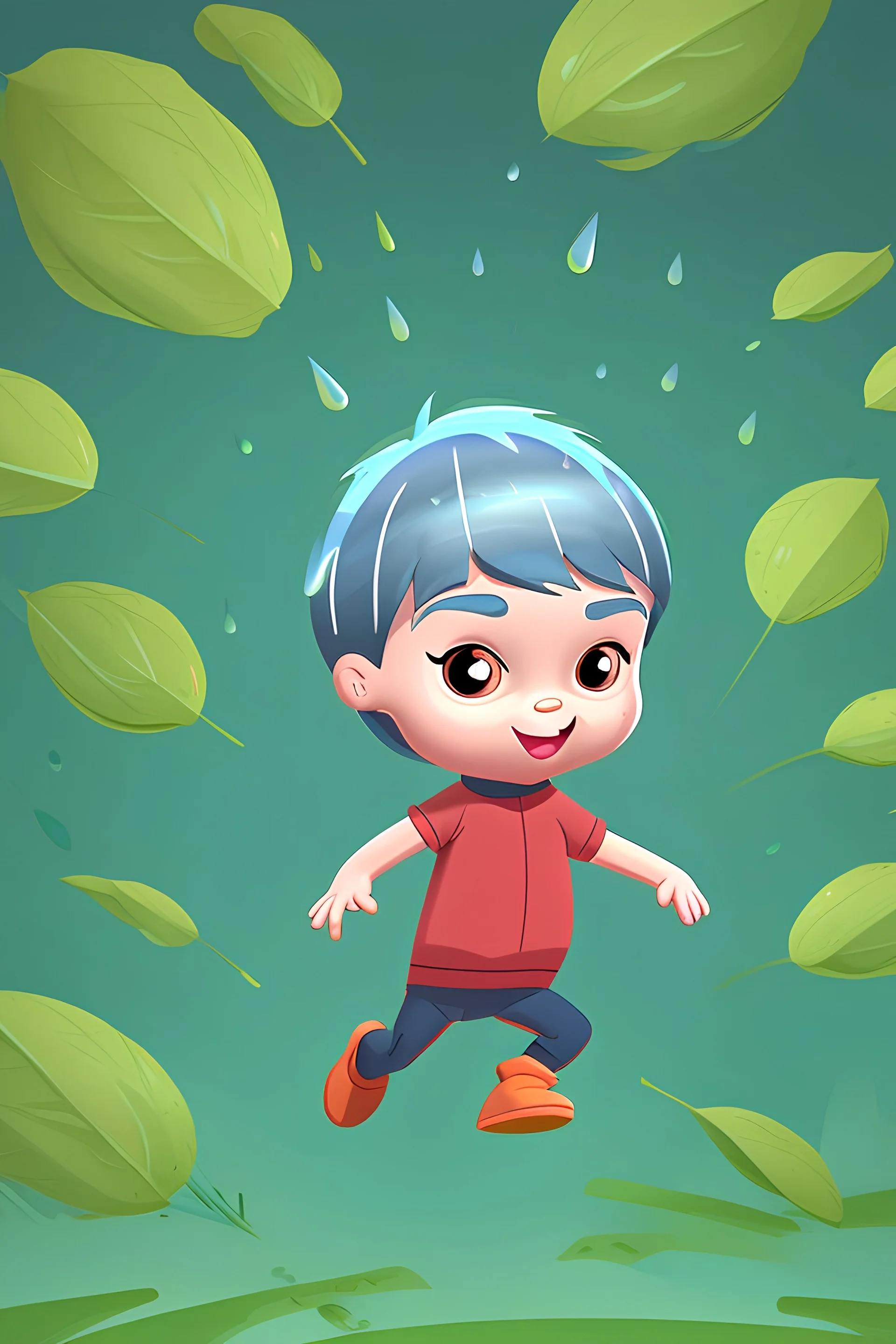 raindrop kid cartoon charactrer falls from the sky lands on leaf then ground below Cartoonish illustration