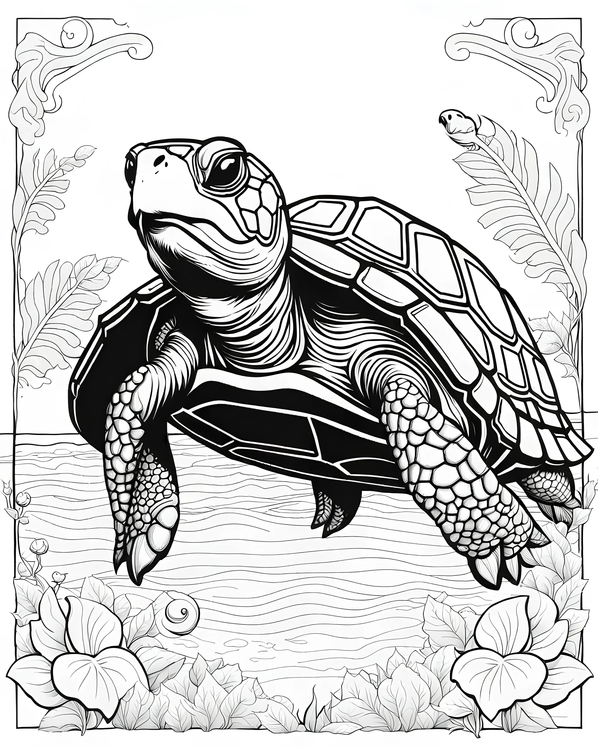 B/W outline art,coloring book page, full white, super detailed illustration for adult,cartoon style " The Turtle Adventurer", crisp line, line art, high resolution,cartoon style, smooth, low details, no shading, no fill, white background, clean line art,law background details, Sketch style, strong and clean outline, strong and black outline