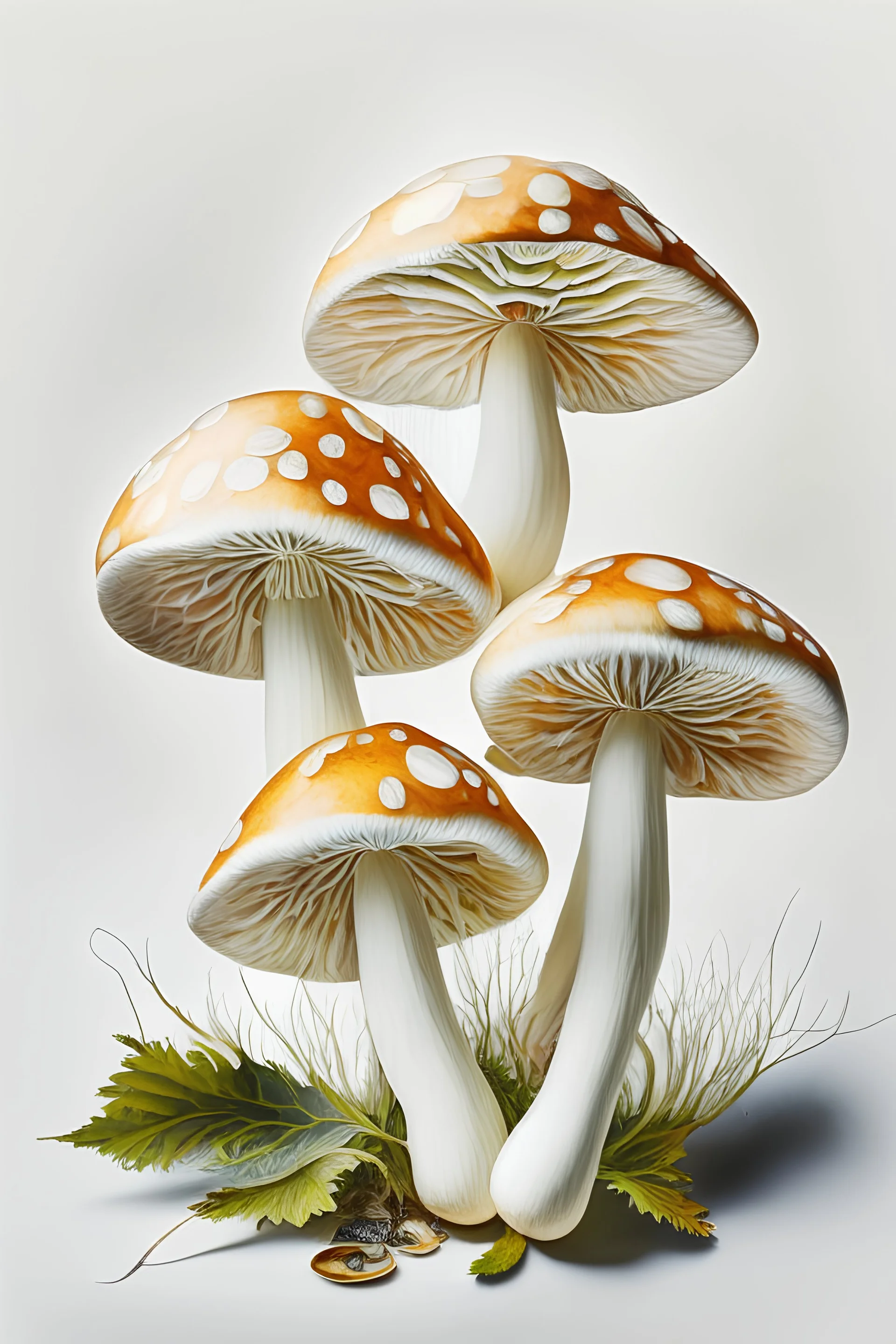 Oil painted realistic mushrooms with white background