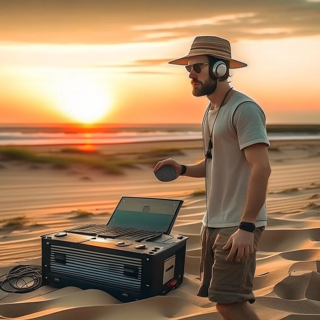 short beard man with cap, DJ play records ,full body, acustic systems box,speakers, at beach, dunes background, sunset