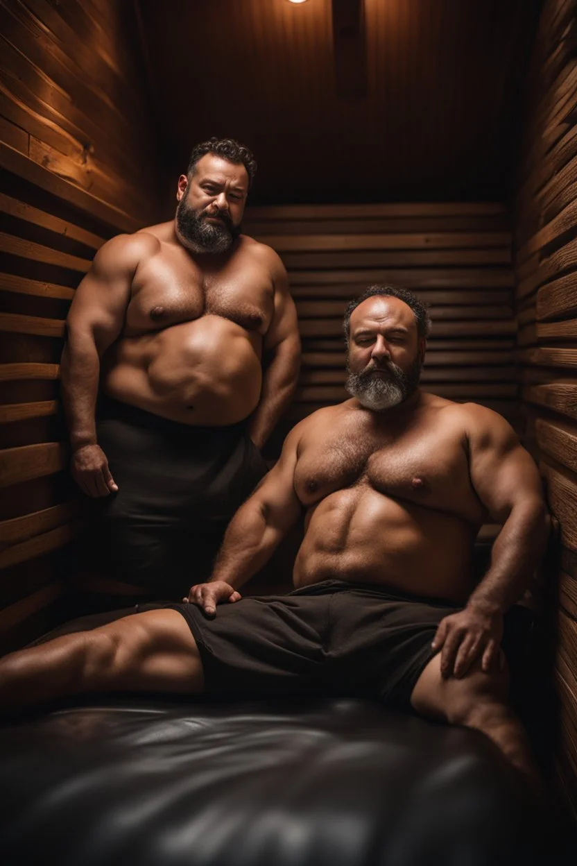 full body shot photography, two muscular chubby ugly burly marocan men , sweat, bulge, masculine hairy 43 year old man, curly hair, manly chest, curly beard ,big shoulders, big arms, big legs, bulge,, ambient occlusion , lying down sleeping in a steamy Sauna, super high resolution, 8k, dim light, side light, ultra hyper realistic, frontal view