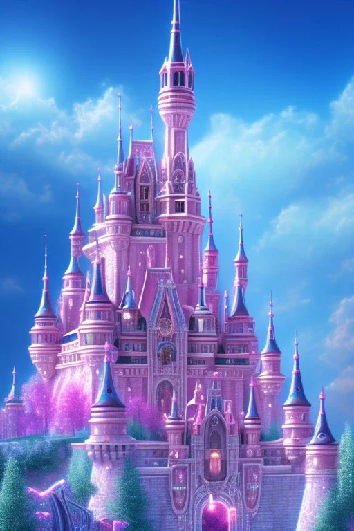 luminous pink castle, sky blue, 8k, unicorns, cascades