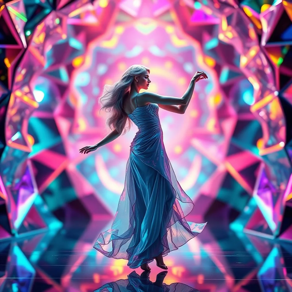 A goddess of love in a cleric dress dances in a vibrant, vibrating, color-rich 3D environment of metallic and crystal recursive geometric structures and an evolving future world background. Creative light art, blurred bokeh effect,