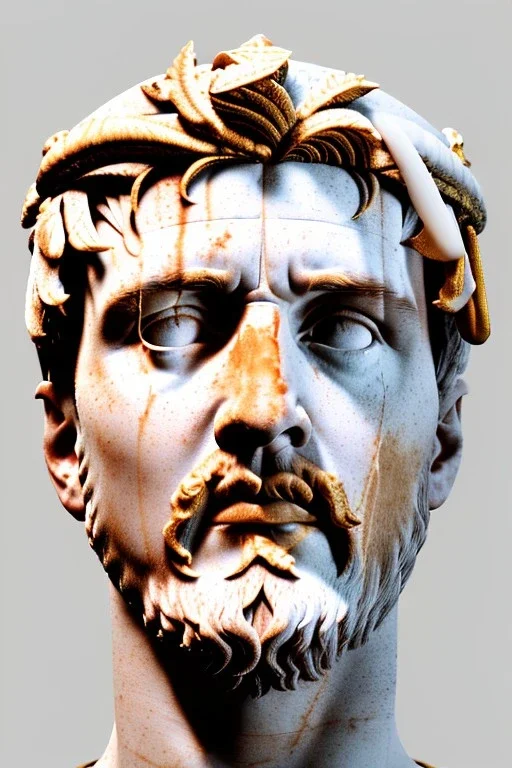 Ultra Realistic image, Roman sculpture, white marble material, Lionel Messi, gold Laurel leaves wreath, renaissance ornaments, one gold star in heart, sun ornament, sun rays background, chisel style, waist up portrait, emperor style, epic, celestial, cinematic lighting, God light, god rays, 4k resolution, smooth details, ornate details, soft lighting, unreal engine 5, art station, substance 3d.