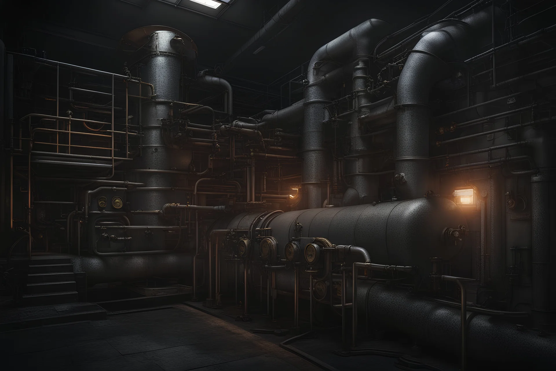 sewage treatment plant, hyperrealistic 16k, 3d rendering, expressively detailed, dynamic light, expressive dark lighting, steampunk, video game, few neon details