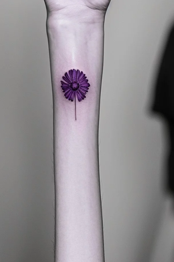 Very small tattoo in the shape of a purple Asteracea flower Photorealistic