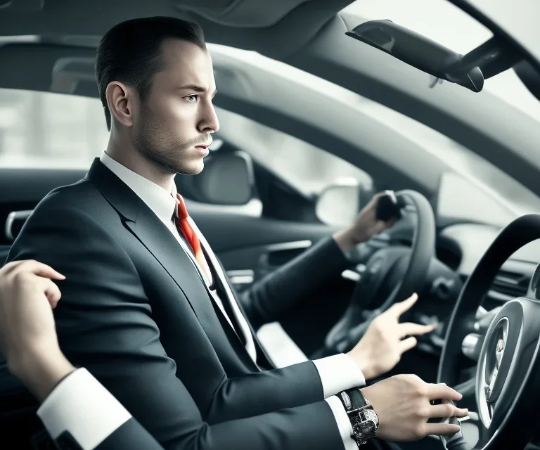 Man in suit, sitting at the wheel of his car, looking exhausted, tie untied, chin thinning