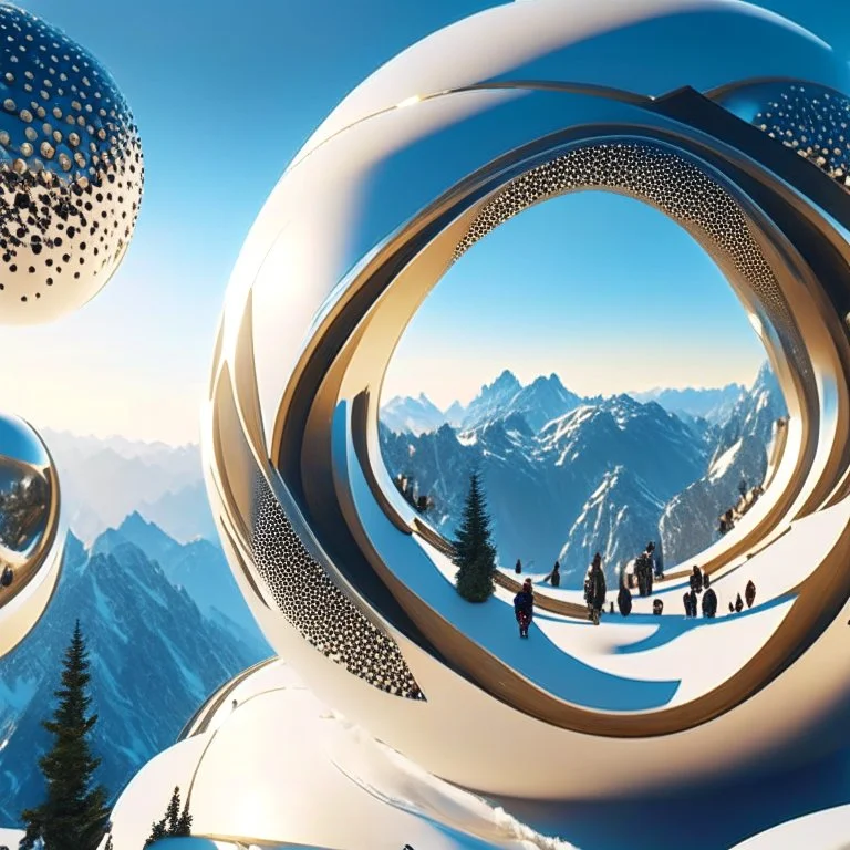 perspective viewpoint in the mountains, in the form of spheres and ovals, people, men, women, incredibly hyper-detailed, ZahanHadid style architecture 4k